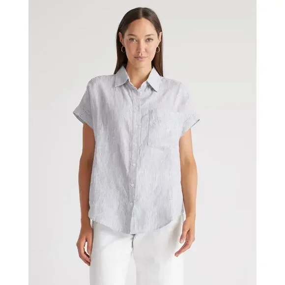 Quince Shirt Women’s Large 100% European Linen Camp Blue Pinstripe - Picture 5 of 10